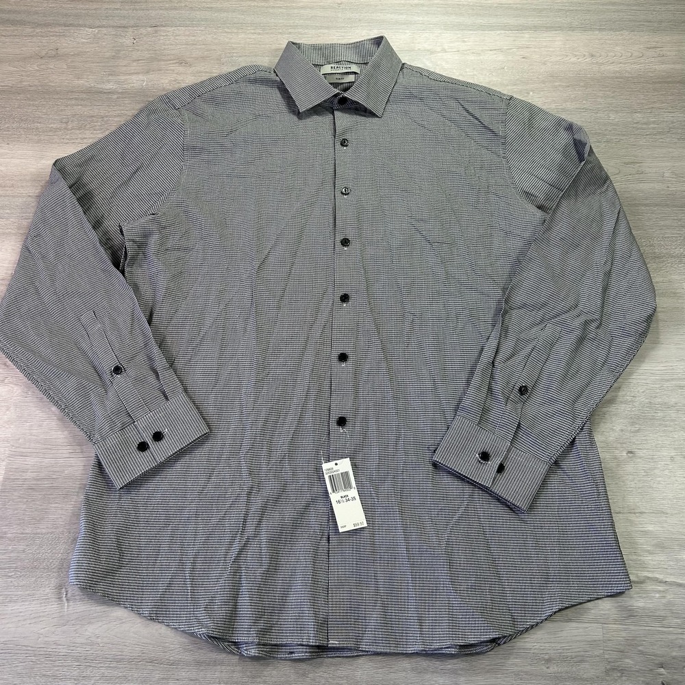 NEW‎ Reaction Kenneth Cole Dress Shirt Mens 16.5 34/35 Black Houndstooth Slim